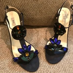 Prada sandals in navy satin w/ stain glass jewels